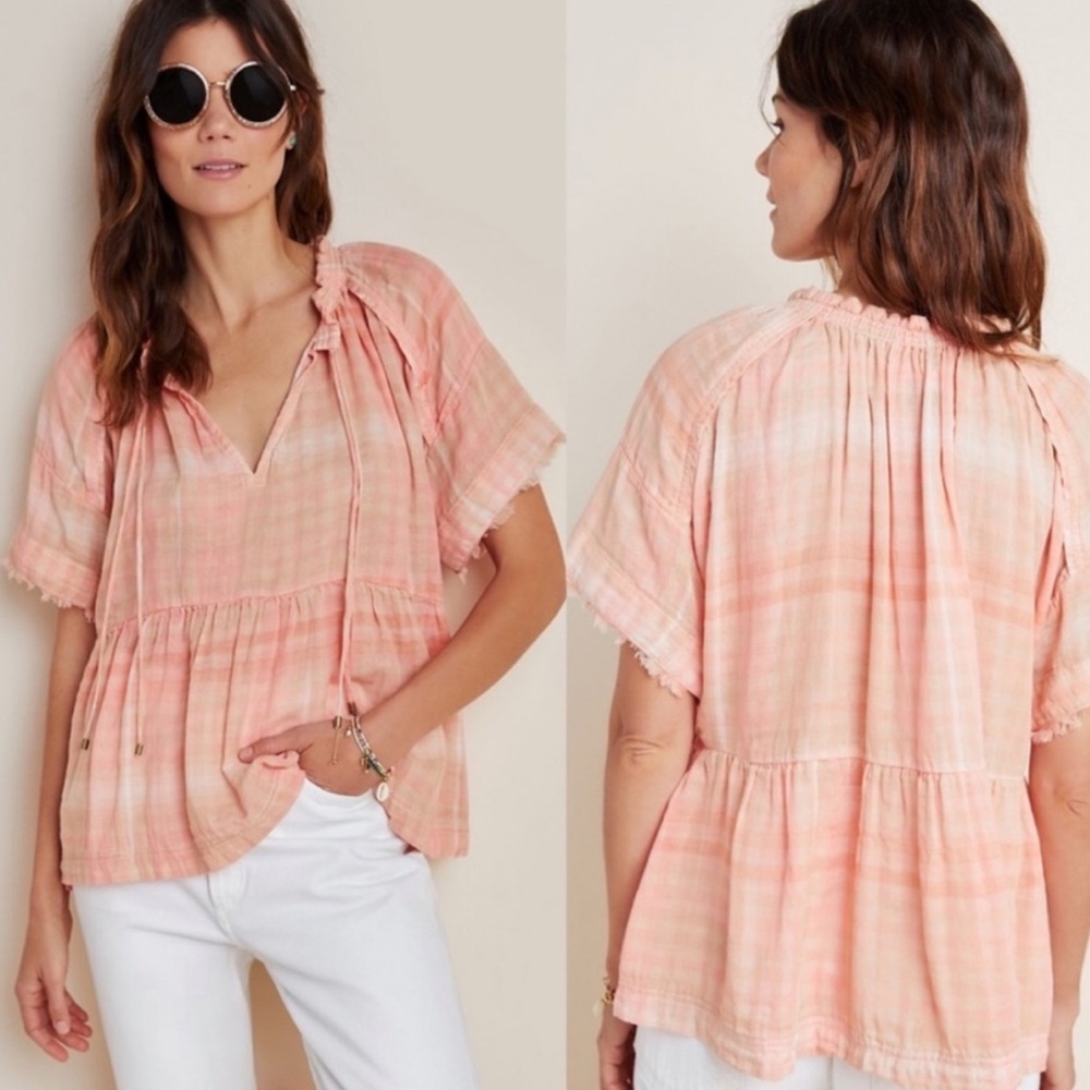 Anthropologie Pilcro Pink Peach Plaid Bette Babydoll Blouse Oversized sz XS